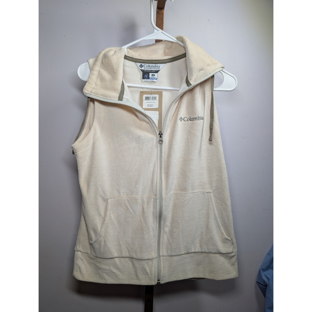 Columbia sz S ivory zip up‎ high neck fleece vest w 2 side zip pockets grey logo